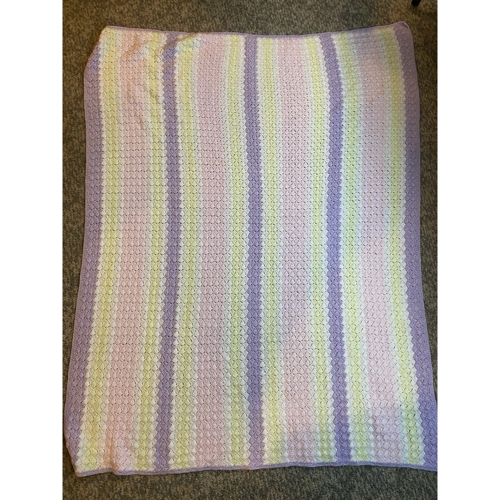 Handmade Knit Pink Purple‎ Yellow Blanket 55"X 55"